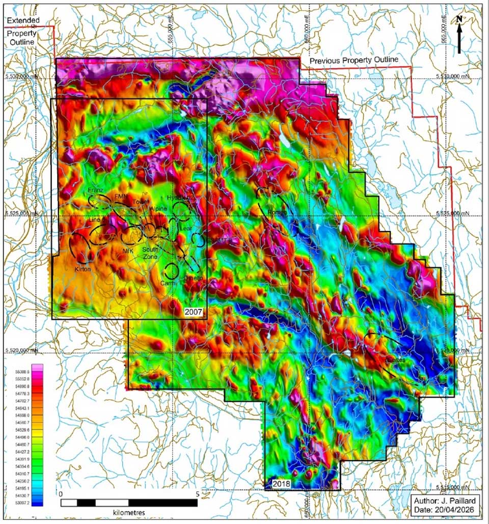 Shovelnose Property – merged 2018 and 2026 airborne magnetic data with areas of interest